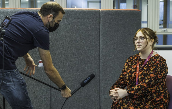 Emily giving an interview for Taking Care Careers video