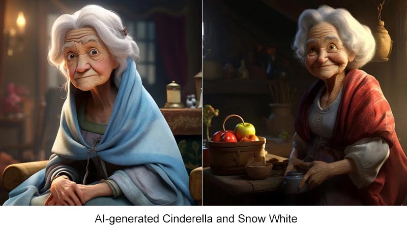 Two images of an elderly woman in a cozy room, one with a blue shawl and the other with a red shawl.