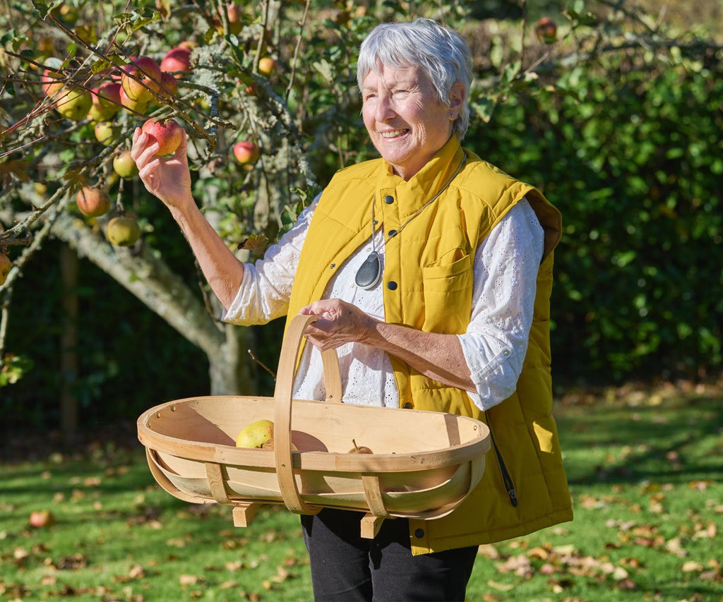 Woman in a yellow vest picking apples from a tree wearing personal alarm