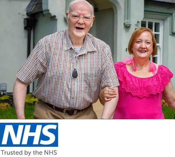 Taking Care GO pendant worn around neck of older man