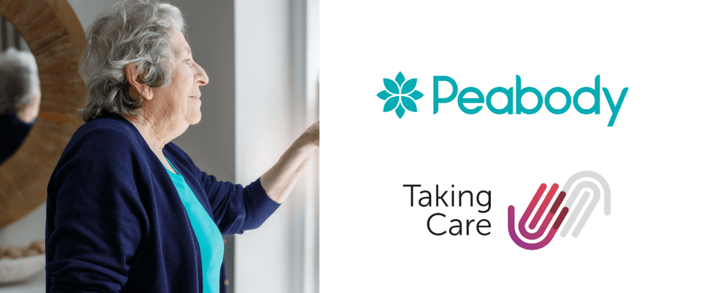Older lady looking out of window with Peabody and Taking Care logos visible