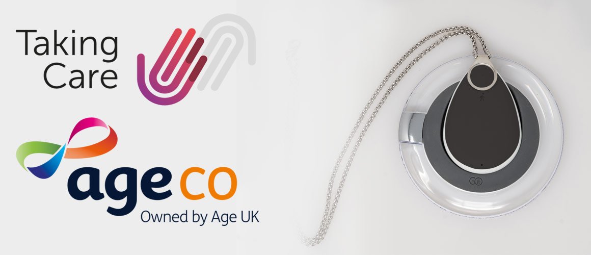 Taking Care and Age Co logos next to a personal alarm