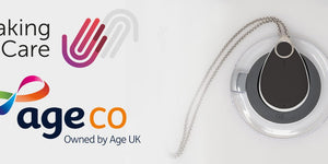 Taking Care and Age Co logos next to a personal alarm