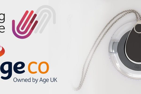 Taking Care and Age Co logos next to a personal alarm