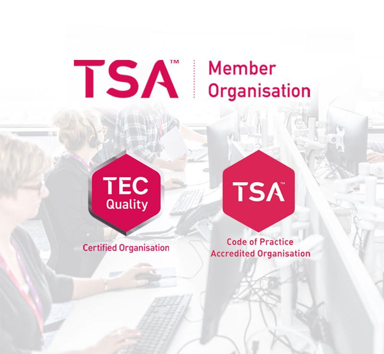TSA Member Organization certification logos with people working on computers in the background.