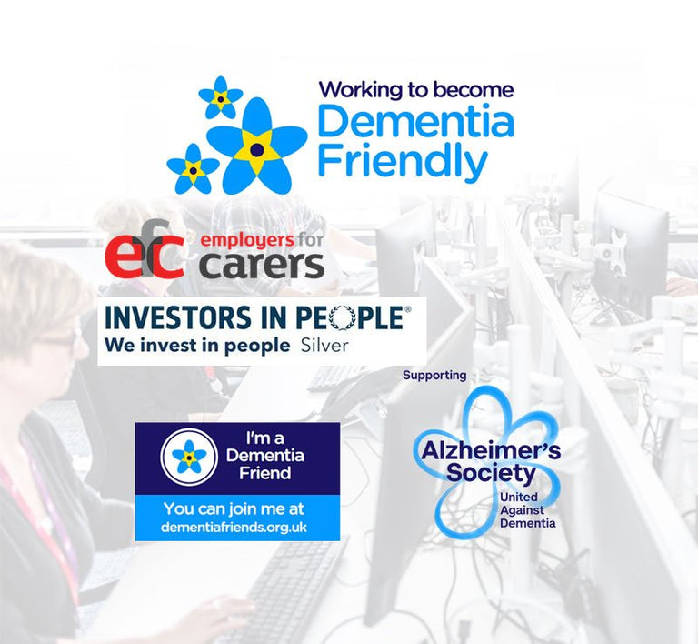 Collage of logos and text related to dementia awareness and support organizations on a white background.