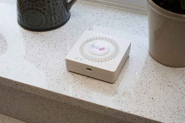 White electronic device on a speckled countertop with a plant and black container in the background