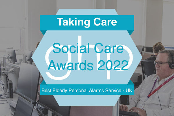 Promotional graphic for Social Care Awards 2022 with a blurred office background.
