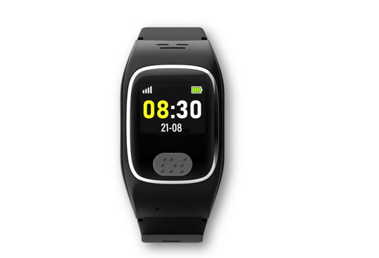 Black smartwatch with digital display on a white background