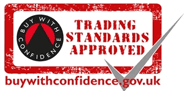 Trading Standards Approved logo with a red stamp design and text buy with confidence.gov.uk