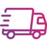 Purple icon of a delivery truck with a speed line