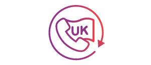 Phone icon with 'UK' inside a circle and an arrow, on a white background