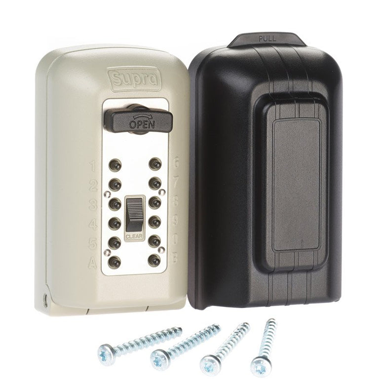 Two security keypad boxes, one beige and one black, with screws on a white background.