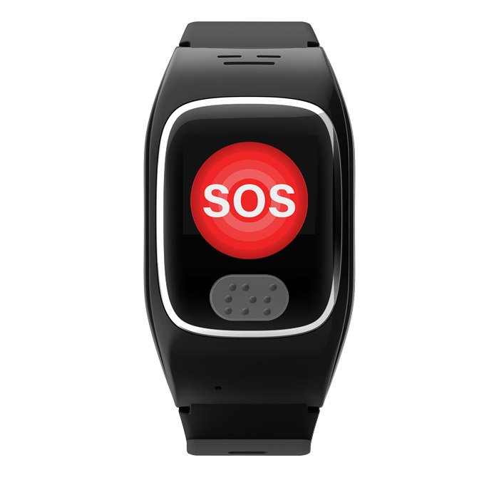Personal alarm watch showing SOS button on white background