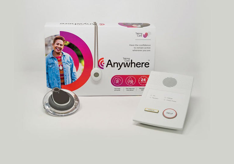 Taking Care Anywhere alarm package on a grey background