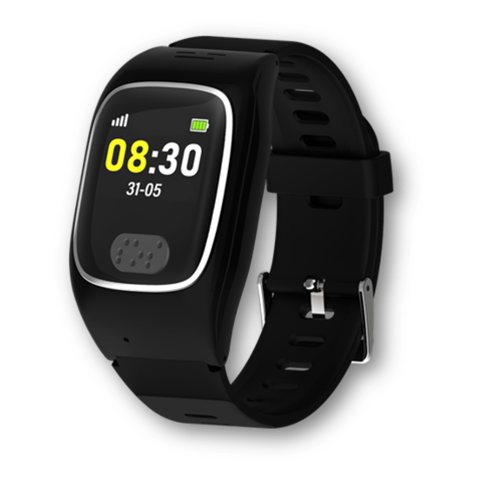 Black dementia tracker watch with digital display on a transparent background