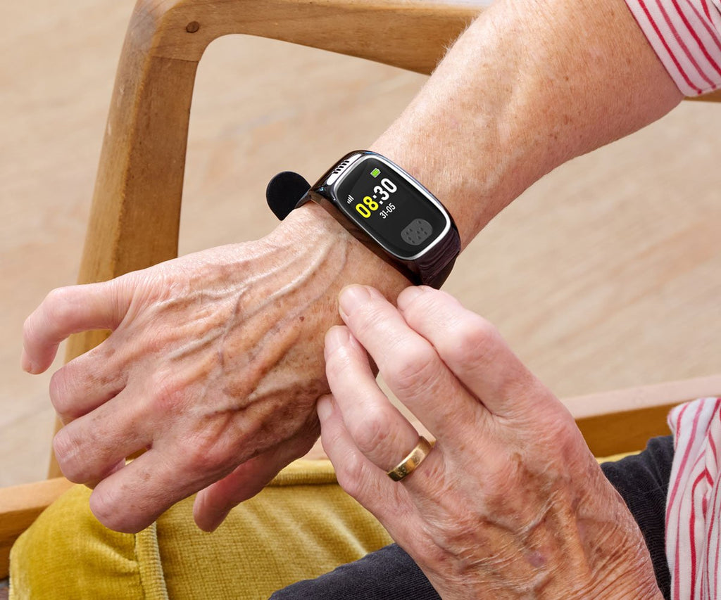 Close up of the personal alarm watch on wrist