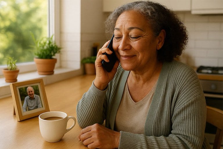 Woman smiling on the telephone sitting at kitchen dining table near window with a cup of tea.
